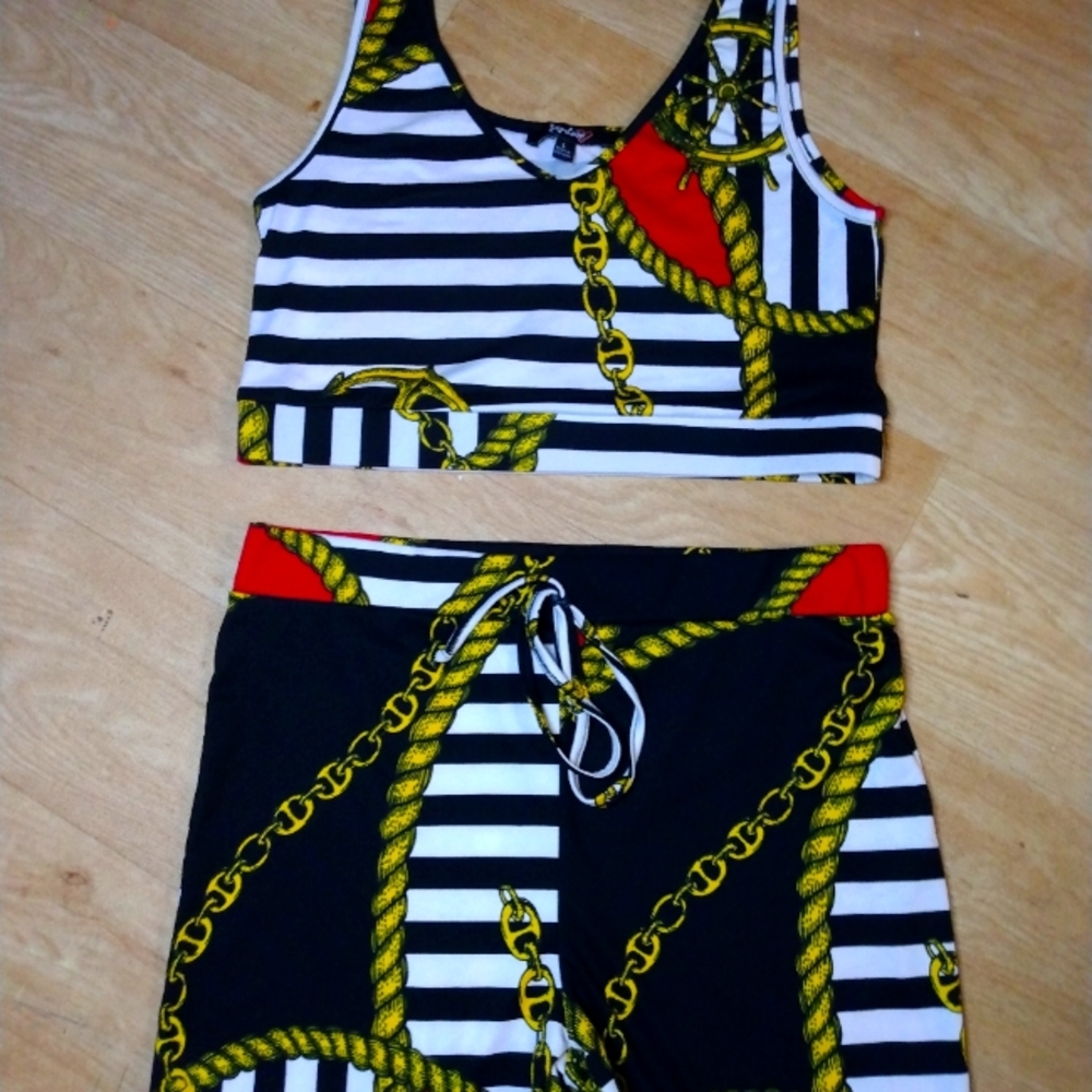 Versace type fashion crop top and matching style shorts.